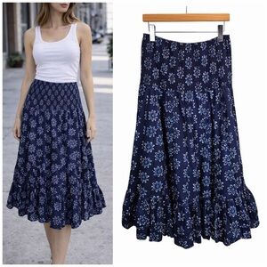 Dress Addict Navy Floral Boho Midi Skirt L Smocked Waist Cotton Tiered Cottageco